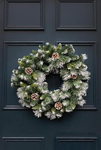 Marco Paul 58cm Large Christmas Wreath for Front Door - Frosted Glacier Artificial Pine with Snow Effect Finish - Indoor Outdoor Christmas Decorations for Home Displays and Festive Winter Door Decor