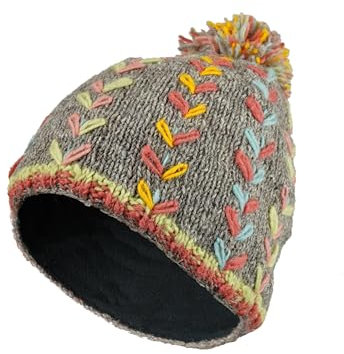 Pachamama Damen Wollmütze mit Bommelmütze, Fleecefutter, handgestrickt, Blumenstickerei, grau, Einheitsgröße, handgefertigt, extra warm, Fair Trade, Grau, Mehrfarbig, M