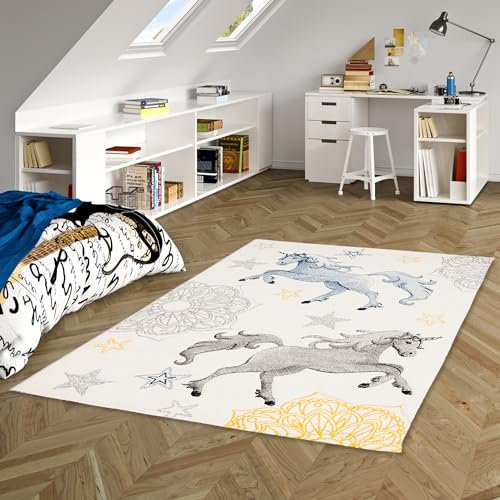 Kinder Teppich Maui Kids Pferde Bunt Blau Grau Stars in 5 Größen