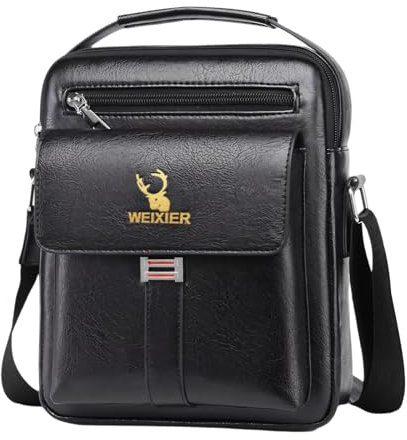 Vologle Mens Shoulder Bags Leather Crossbody Bag Messenger Bags for Man Satchel Fashion Briefcase Travel Handbag Adjustable Shoulder Strap (Black)