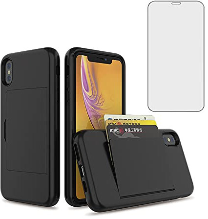 Asuwish Phone Case for iPhone Xs Max with Tempered Glass Screen Protector Cover and Credit Card Holder Stand Hybrid Cell Accessories i X XR Xsmax 10x SX Xmax 10xs 10s 10 Plus Xmaxs Women Men Black