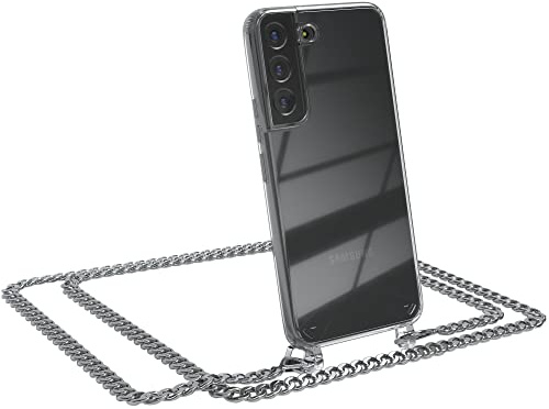 EAZY CASE Handykette kompatibel mit Samsung Galaxy S22 5G Handyhülle mit Metal Umhängeband und Ersatz Kordel schwarz, Handykordel mit Schutzhülle, Stylische Kette, Metal - Silber
