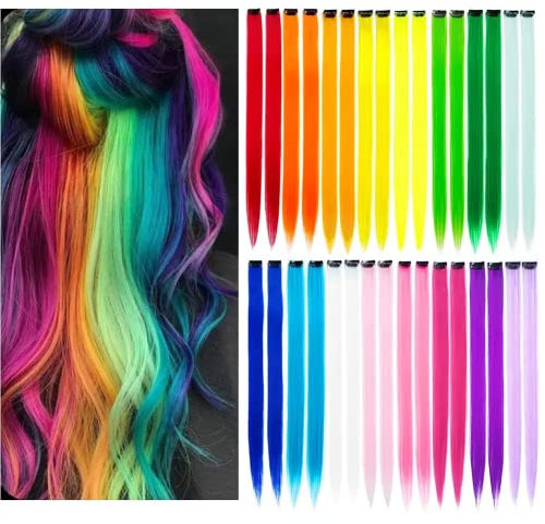 Vebetter Farbiger Haarverlängerung Clips, 24PCS Bunt Haarverlängerungs Clip Regenbogen Farbe Gerade Synthetisch Haarteil Party Highlights Bunte Clip in Haarverlängerungen für Frauen, Mädchen, Kinder.