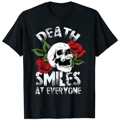 Totenlächeln, Totenkopf, Rose, Leben nach dem Tod, rotes Rosen-Tattoo T-Shirt