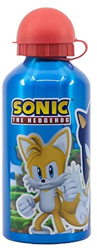 Botella de agua original Sega Sonic de aluminio para niños de 560 ml, con tapón de seguridad, boquilla cómoda, lavable y reutilizable.