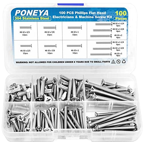 Electrical Socket Screws, 100 PCS 12 Sizes #6-32#8-32 Flat Head 304 Stainless Steel Machine Screws, Extra Long 50mm 40mm Electrical Plug Socket Fastener for Wall Plate, Light Switch