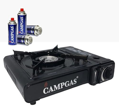 Réchaud à Gaz Camping Universel Gaz Portable Camp Bistro Chauffage d'appoint 1 Flamme avec Mallette de Transport Allumage Piézo Électronique et Flamme Réglable + 8 cartouches de Gaz