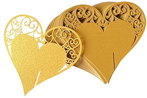 Fayemint 50 Stück Platzkarten Schimmer, Tischkarten Love Heart, Glasanhänger Platzkarten, für Hochzeitsfeiern, Weinglasdekoration, Sektglasdekoration (Gold)