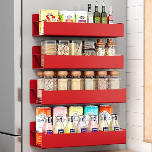 Vetacsion 4 Pack Moveable Fridge Magnetic Spice Racks,Metal Red