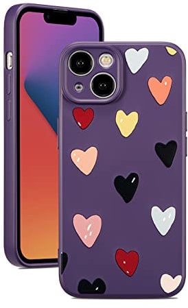 ZTOFERA Compatible with iPhone 14 Case for Girls Women, Soft Flexible Liquid Silicone Protective Phone Case with Cute Love Hearts Pattern Shockproof Bumper Cover for iPhone 14, Dark Violet
