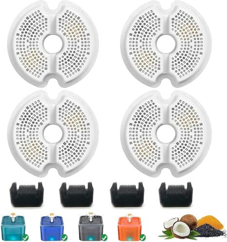 SAMANIJA Pack de 4 filtros con esponjas prefiltro de recambio, compatibles con NICREW, AONBOY Fuente de agua para gatos de 67oz/2L