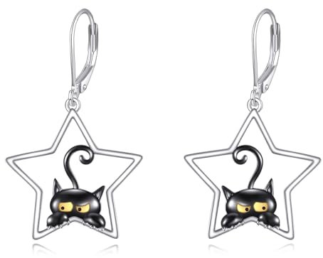 POPLYKE Schwarze Katze Ohrringe Sterling Silber Schwarze Katze Hängend Ohrringe LeverBack Ohrring Schmuck Weihnachts Geschenke für Frauen(Stern)