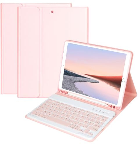 HOTLIFE Clavier Coque pour iPad 10.2 9ème/8ème/7ème Génération 2021/2020/2019/Air 3 2019/Pro 10.5, AZERTY Français Amovible Clavier Bluetooth sans Fil Etui Réveil/Sommeil Automatique(Rose)