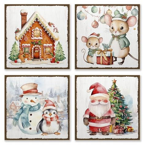 ARTFAVES® Schilder Set - Weihnachten Aquarell Kinder | Weihnachtsdeko Kinder Shabby Chic Vintage Holzbilder Collage Wandbilder | Größe: 19 x 19 cm