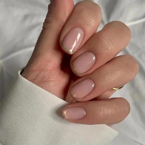24pcs Short False Nails French Glitter Gold Tip Stick on Nails Nude Pink Press on Nails Removable Glue-on Nails Fake Nails Acrylic Full Cover Nails Women Girls Nail Art Accessories