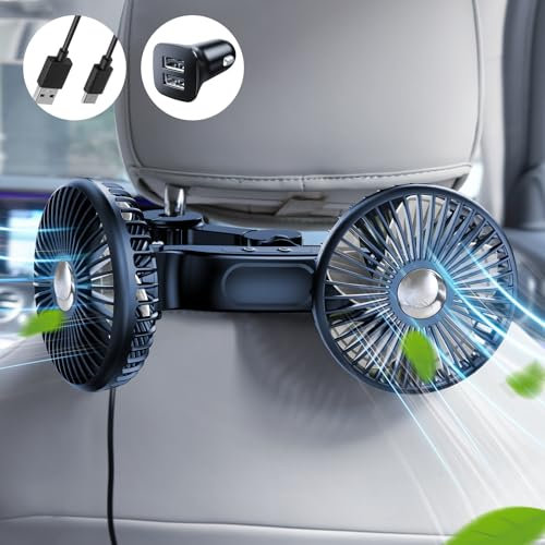 DICMKY Ventilateur de refroidissement de voiture à double tête pour siège arrière, alimenté par USB, 3 vitesses et 12 V, rotatif pour appuie-tête de siège de voiture pour enfants, bébés
