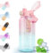 MOMSIV Trinkflasche 2L, 2 Liter Große Sport Wasserflasche mit Strohhalm und Früchtebehälter und Zeitmarkierungen, Auslaufsicher BPA-Frei Sportflasche für Fitness, Camping, Outdoor, Yoga, Rosa