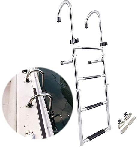 Leitern, faltbare Bootsleiter, Edelstahl, Schwimmdeck, 4 Stufen, Handgeländerleiter mit extra breiter Stufe, Tragkraft 180 kg