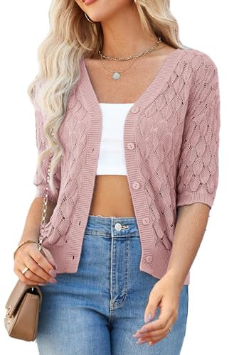 GRACE KARIN Cardigan Corto da Donna a Mezza Manica Vintage Cardigan Casual CL2656 Rosa Viola M