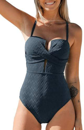 CUPSHE Costume da bagno da donna con scollo profondo, effetto avvolgente, coppe modellate a coste, tinta unita, costume da bagno