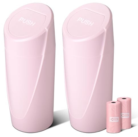 Mini cubo de basura rosa a prueba de fugas con tapa, 2 paquetes, incluye 40 bolsas de basura, organizador de coche para accesorios de asiento delantero y trasero