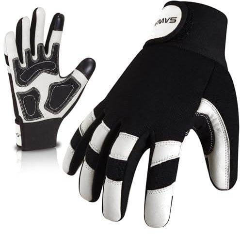SAWANS Leather Gardening Working Gloves Garden Thorn Proof Breathable Construction Flexible Mechanic for Work Mens Women Utility Safety Gloves Rigger Driving Electrician Multipurpose (White, L)