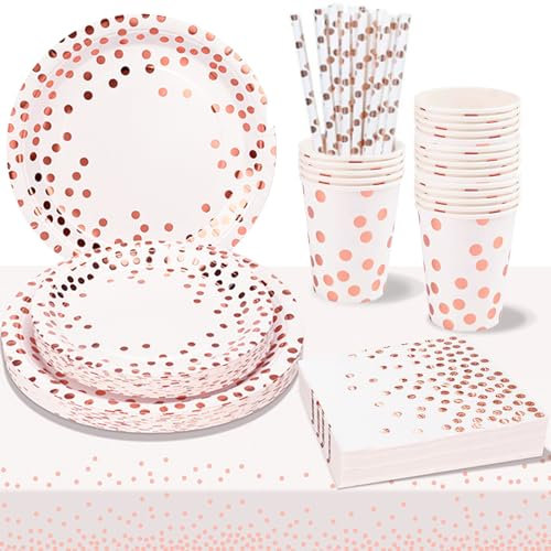 TEGOVE Vajilla de Fiesta,226 piezas Rosa Oro Set de Juego de Platos y Cubiertos,Juego de vajilla para Fiestas,Vasos Mantel y Servilletas para Cumpleaños,Aniversarios (25 Invitados)