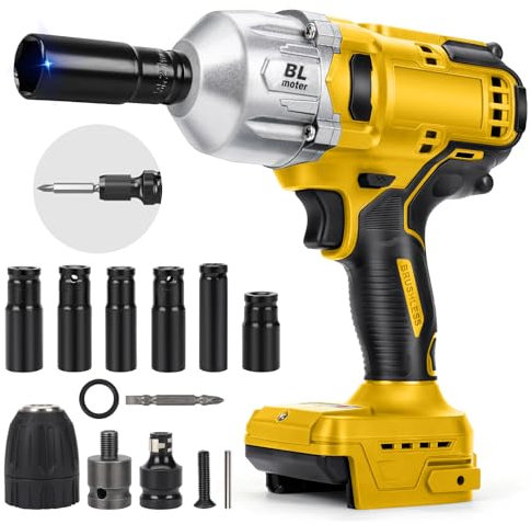 1000Nm Bürstenloser Akku Schlagschrauber Kompatibel mit Dewalt 20V Lithium-Akku, 20V Akku Schlagschrauber 1/2 Zoll für Reifenwechsel, Schraubenschlüssel mit 6 Stecknüsse(Ohne Akku)