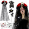 oeeo Halloween Tag der Toten Haarreif und Schleier Gesicht Tattoos Halloween Haarreif Tag Der Toten Rosen halloween kostüm damen Mexikanische Stirnband Rosen Totenkopf Kopfschmuck Haarband