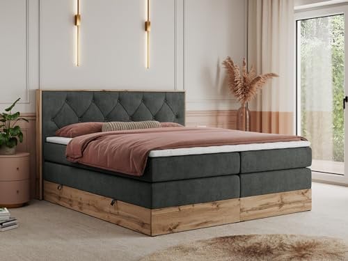 MKS MEBLE King Boxspringbett 140x200 mit Kopfteil und Bettkasten, Polsterbett mit Matratze H3 und Topper T25, Wotan Eiche Dekor - Dunkelgrau Strukture - Veneto King