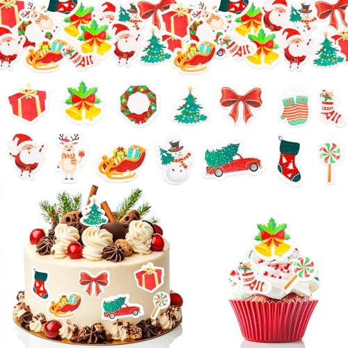 GoldRock Essbare Tortendeko Weihnachten, 60 Stück Weihnachts Esspapier Tortendeko Weihnachten Essbar Cupcake Topper,Weihnachtsmann Muffin Deko,Kuchen Deko Weihnachten,Tortendeko Essbar für Weihnachten