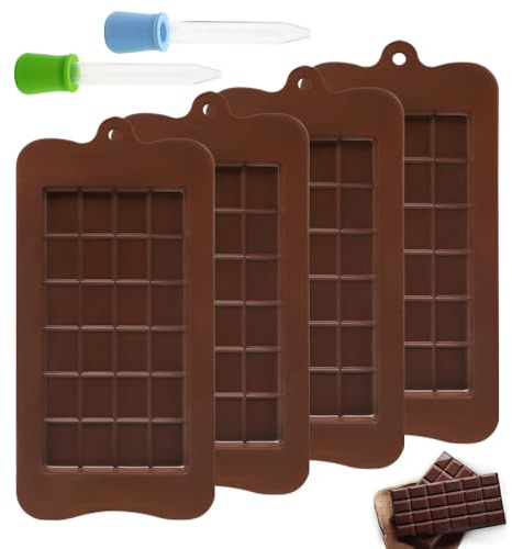 4 Piezas Molde de Silicone Chocolate Break-Apart 24 Cavidades Moldes Chocolate Tableta con 2×Cuentagotas Moldes para Hacer Chocolate Caramelos Fondant(Marrón)