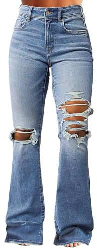 Flamingals Women's Bell Bottom Jeans Flared Ripped Stretchy Mid Rise Cut Out Distressed Denim Bootcut Jeans Mid Blue L