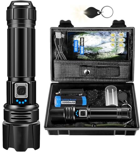 Azyvum Lampe Torche LED Ultra Puissante,500000 Lumens Lampe de Poche Rechargeable avec Batterie 5000mAh,Zoomable 5 Modes,IP67 Étanche Lampe Torche Tactique pour Camping Randonnée Pêche