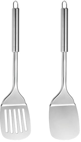 Stainless Steel Spatulas Set, Silver Slotted Turner, Solid Turner, Metal Spatula Kitchen Spatulas for Cooking, Ideal Cooking Utensils Cookware for Fish Eggs Pancakes Dishwasher Safe Easy to Clean