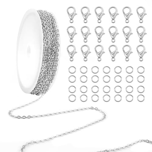 TOAOB Silber 5M Edelstahl Gliederkette Meterware 2mm x 3mm Schmuck Ketten Selber Machen Set mit 20 Karabinerverschluss 50 Biegeringe für DIY Schmuck