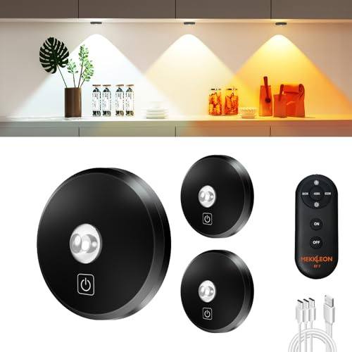 MEKKLEON vitrinenbeleuchtung led kabellos mit Fernbedienung, 2000 mAh Aufladbar LED Spots Akku, 3 Farbtemperaturen dimmbar, Unterschrankleuchte, Schrankleuchte, küchenunterschrank (Schwarz, 3 Pcs)