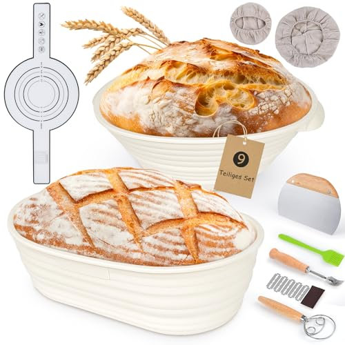 WILLONG Gärkörbchen Gärkorb Set, Komplettes Brot Backen Zubehör, 25 cm Runde & 23cm Oval Brotkörbchen, Gärkörbchen für Brot Backen