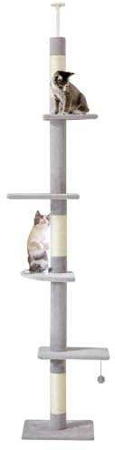 EROMMY Kratzbaum,Kratzbaum Deckenhohe,230-268cm höhenverstellbar,5 Etagen Moderner Katzenbaum hoch schmal,Sisal + Plüsch-kratzbaum schmal hoch mit Plattform und Aufhängekugel,Grau