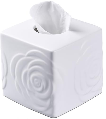 White Ceramic Rose Tissue Box Cover, Carved Flowers Large Square Tissue Box Holder Decorative for Bathroom, Vanity, Kitchen Countertop, Bedroom Night Stands, Office Desk Top