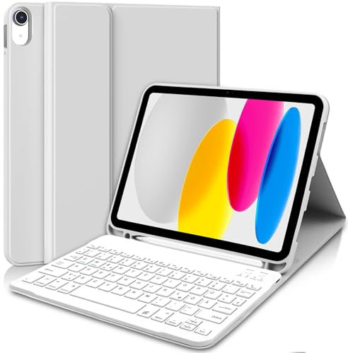 Hülle mit Tastatur für iPad A16 11 Generation 2025 & 10 Generation 2022(11/10.9 Zoll), Kabellose Magnetische Folio Tastatur für iPad 11/10. Gen, QWERTZ Layout, Stifthalter (Grau Weiß-DE)