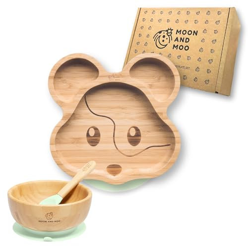Moon and Moo Ensemble assiette et bol en bambou à ventouse – Cadeau parfait pour bébé, ensemble de sevrage respectueux de l'environnement avec base d'aspiration puissante en silicone, assiette à