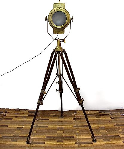 Gulvintilabcal Faretti in ottone con finitura anticata nautica, treppiede in legno, supporto per illuminazione da pavimento, stile vintage