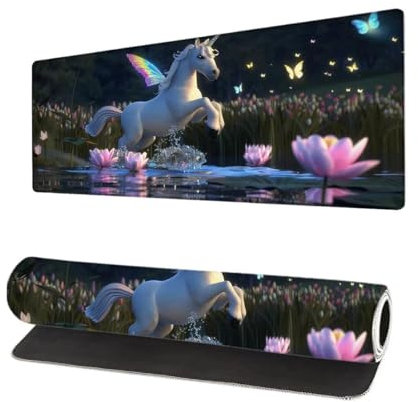 Gaming Mauspad Blume XXL 600x300x3mm, Einhorn Mousepad groß Schreibtischunterlage, Mouse Pad mit Vernähte Kanten, WassXerdicht Anti-Rutsch Mousepad, Verbessert Präzision und Geschwindigkei G-5