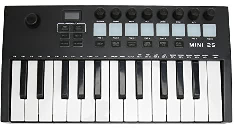 MIDI-Keyboard, Tragbarer 25-Tasten-USB-MIDI-Keyboard-Controller, OLED-Display, 8 Hintergrundbeleuchtete Drum-Pads, 8 Knöpfe, 4-dimensionale Telemetriesteuerung, Unabhängiger (MD02)