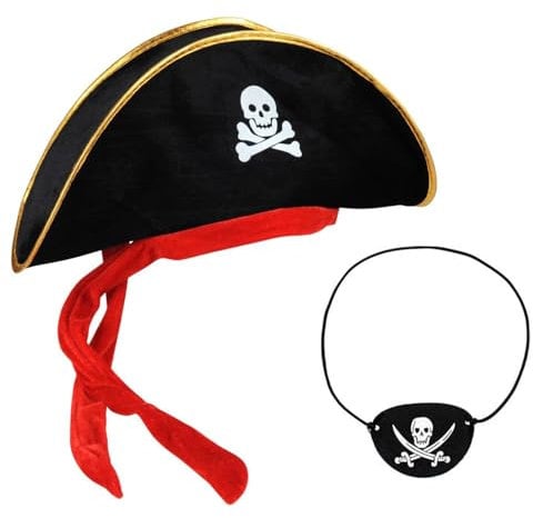 SOPSTUO Pirate Accessories, Pirate Hat Kids Adult, Skull Print Captain Costume Cap with Eye Patch for Funny Party Caribbean Fancy Dress
