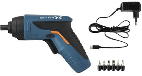 Dexter - Tournevis sans fil 3.6 V - Couple maximum 4 N.m + 1 batterie 2Ah - Leger et puissant - 180 tours par mn - Projecteur LED - Jeu 6 embouts - Garantie 5 ans
