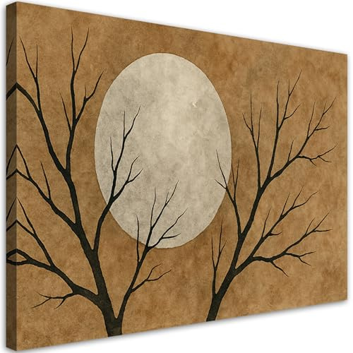 Feeby Wandbilder - Bilder Schlafzimmer - Mond Bäume Japandi - 60x40 1tlg - Wohnzimmer Bild Groß - Wohnungs - Foto Geschenk - Leinwand Wall Art - Wand Deko