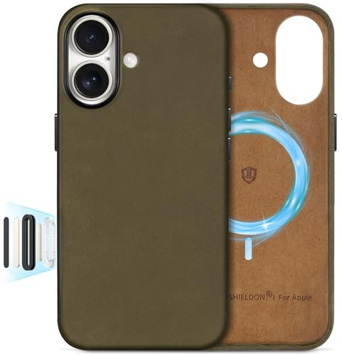 SHIELDON Lederhülle für iPhone 17 6,3 5G 2025, Khaki | Kompatibel mit MagSafe, Crazy Horse Leder, Echtleder, Kamerasteuerung, Einfach Aussehen, Kabelloses Laden, Magnet Case