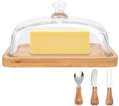 Mulaibdin Beurrier en verre et bois - Cloche à fromage rectangulaire avec couvercle hermétique - Beurrier en bambou avec couteau à beurre, cuillère, fourchette, couvercle en verre pour réfrigérateur
